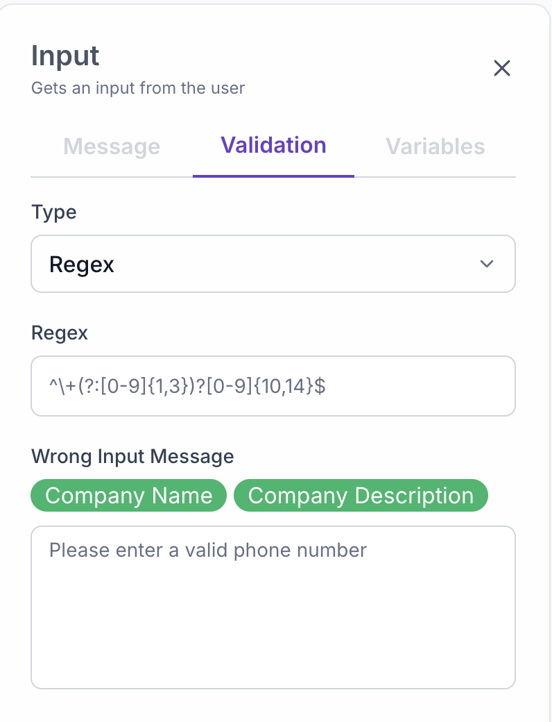 Input Node Regex Settings