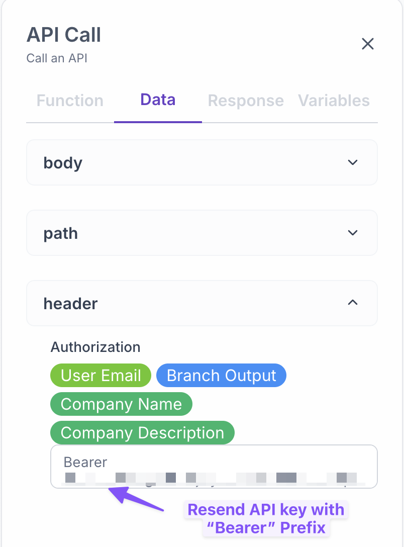 Setup Resend API Action Request Headers