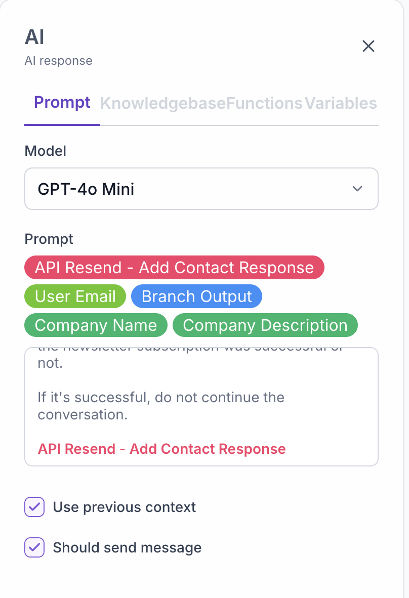 Display success message to the user using AI node